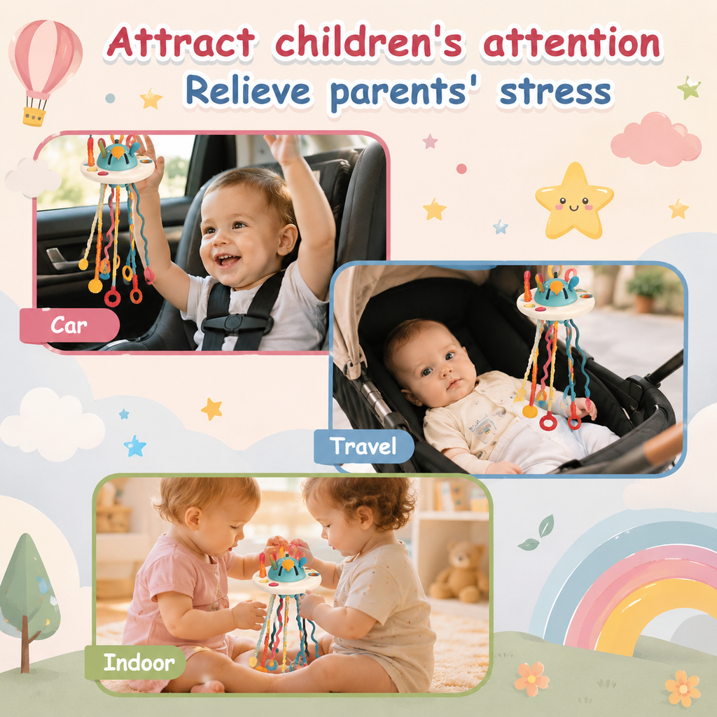 Interactive UFO Silicone Pull String Learning Toy for Kids | Baby Sensory Travel & Teething Toy for 6–18 Months