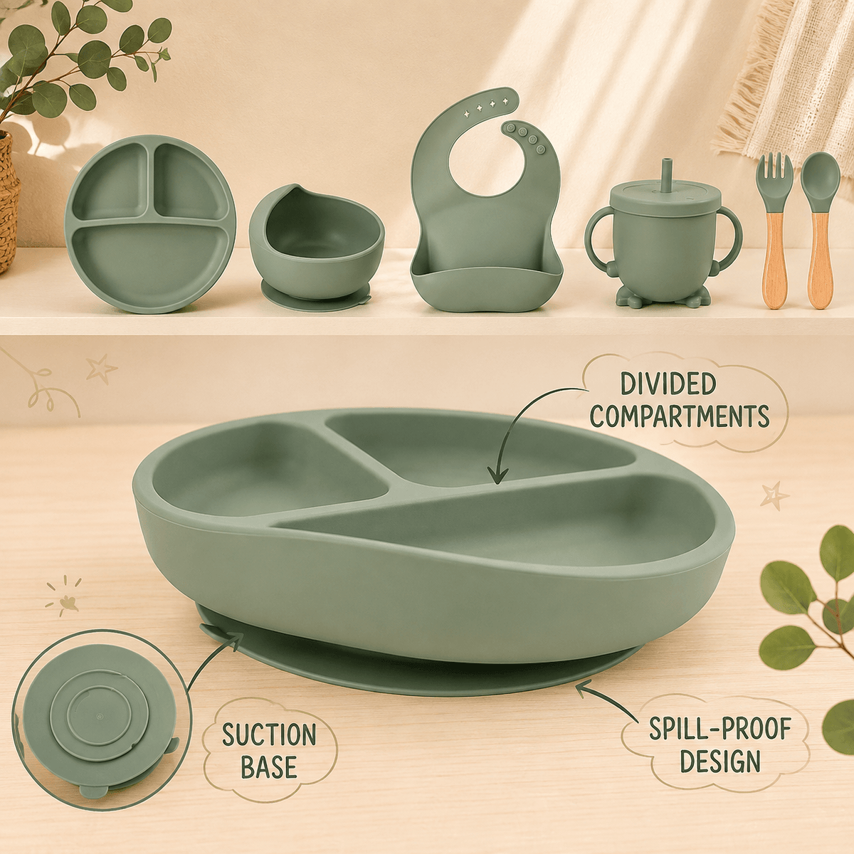 Silicone Baby Feeding Set Green – 6 Pcs | Plate, Bowl, Spoon, Fork, Bib & Cup | Food-Grade Silicone Tableware for Babies & Toddlers