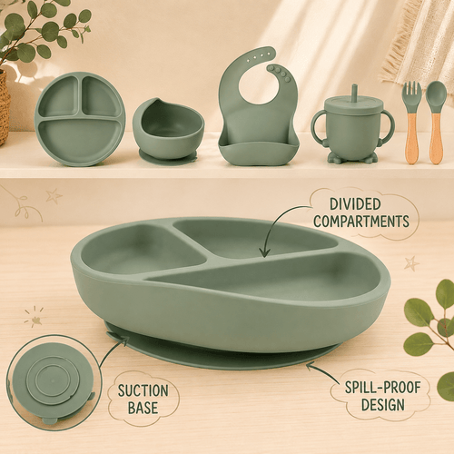 Silicone Baby Feeding Set Green – 6 Pcs | Plate, Bowl, Spoon, Fork, Bib & Cup | Food-Grade Silicone Tableware for Babies & Toddlers