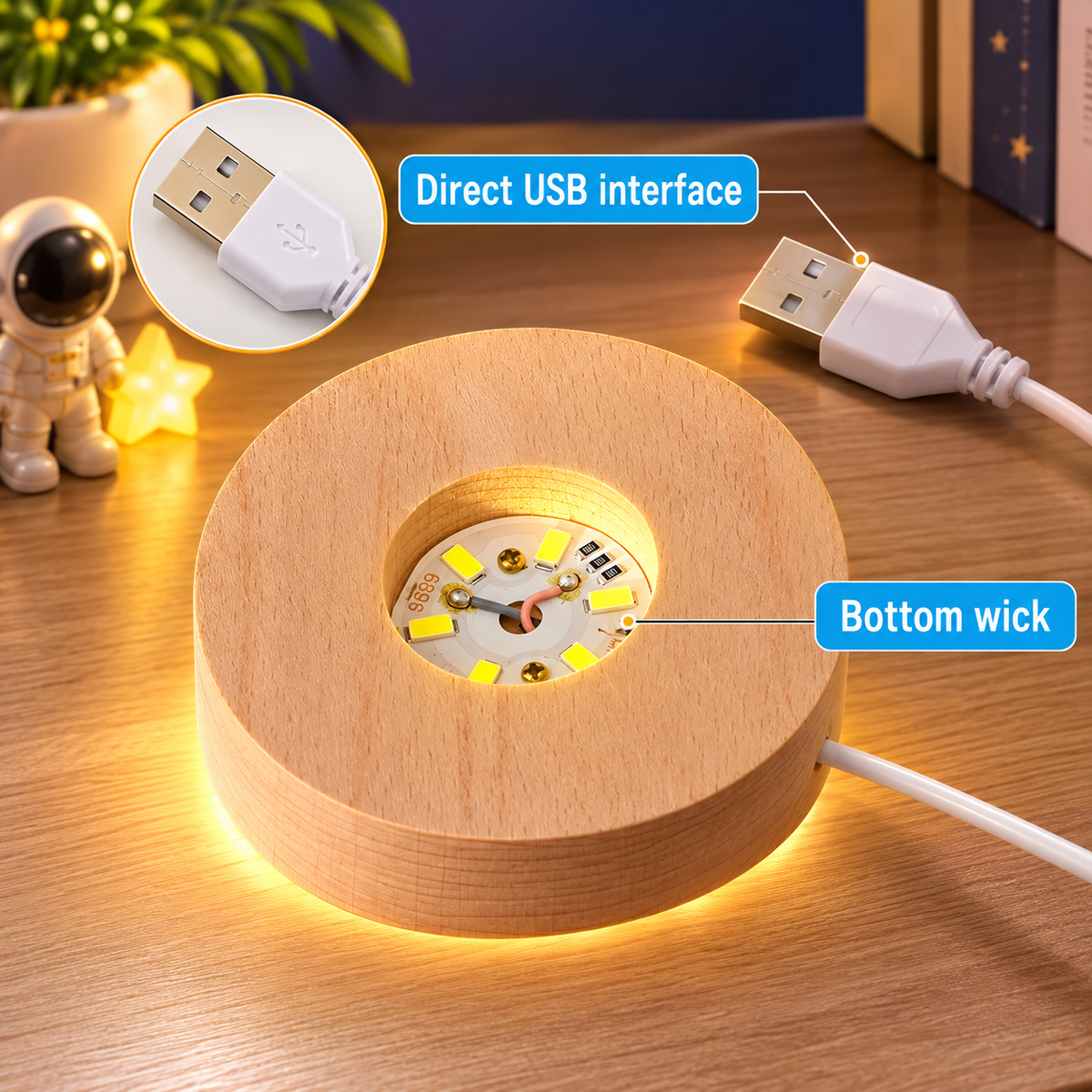 3D Universe Crystal Ball Night Light USB Table LED Lamp with Wooden Base | Warm White Decorative Light for Home, Office & Kids
