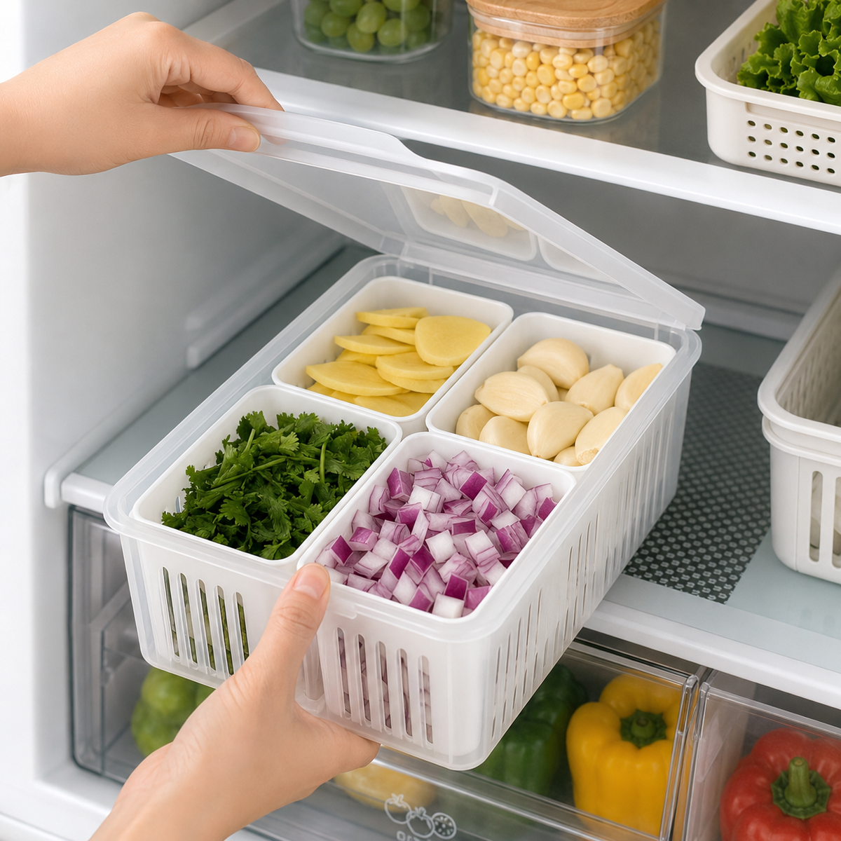 Fridge Storage Box with Lid & 4 Compartments | Refrigerator Organizer Basket for Fruits, Vegetables, Onion, Garlic & Herbs