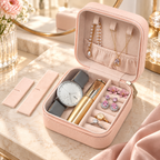 Faux Leather Mini Jewellery Travel Case | Portable Jewelry Organizer Box for Rings, Earrings, Necklaces & Accessories – Pink