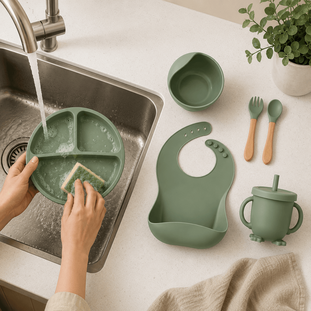 Silicone Baby Feeding Set Green – 6 Pcs | Plate, Bowl, Spoon, Fork, Bib & Cup | Food-Grade Silicone Tableware for Babies & Toddlers