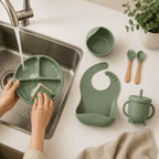 Silicone Baby Feeding Set Green – 6 Pcs | Plate, Bowl, Spoon, Fork, Bib & Cup | Food-Grade Silicone Tableware for Babies & Toddlers