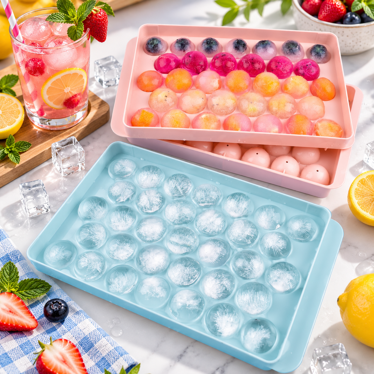 33 Cavity Round Ice Cube Trays with Lids – Pack of 2 | Ice Moulds for Freezer, Drinks, Cocktails & Cold Beverages
