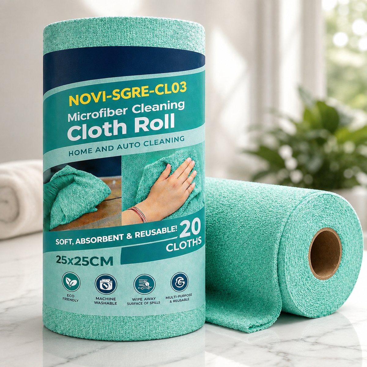 Microfiber Cleaning Cloth Roll 20 Pcs | Reusable, Washable, Lint-Free & Ultra Absorbent Kitchen Cleaning Towels – Sea Green, 25 × 25 cm
