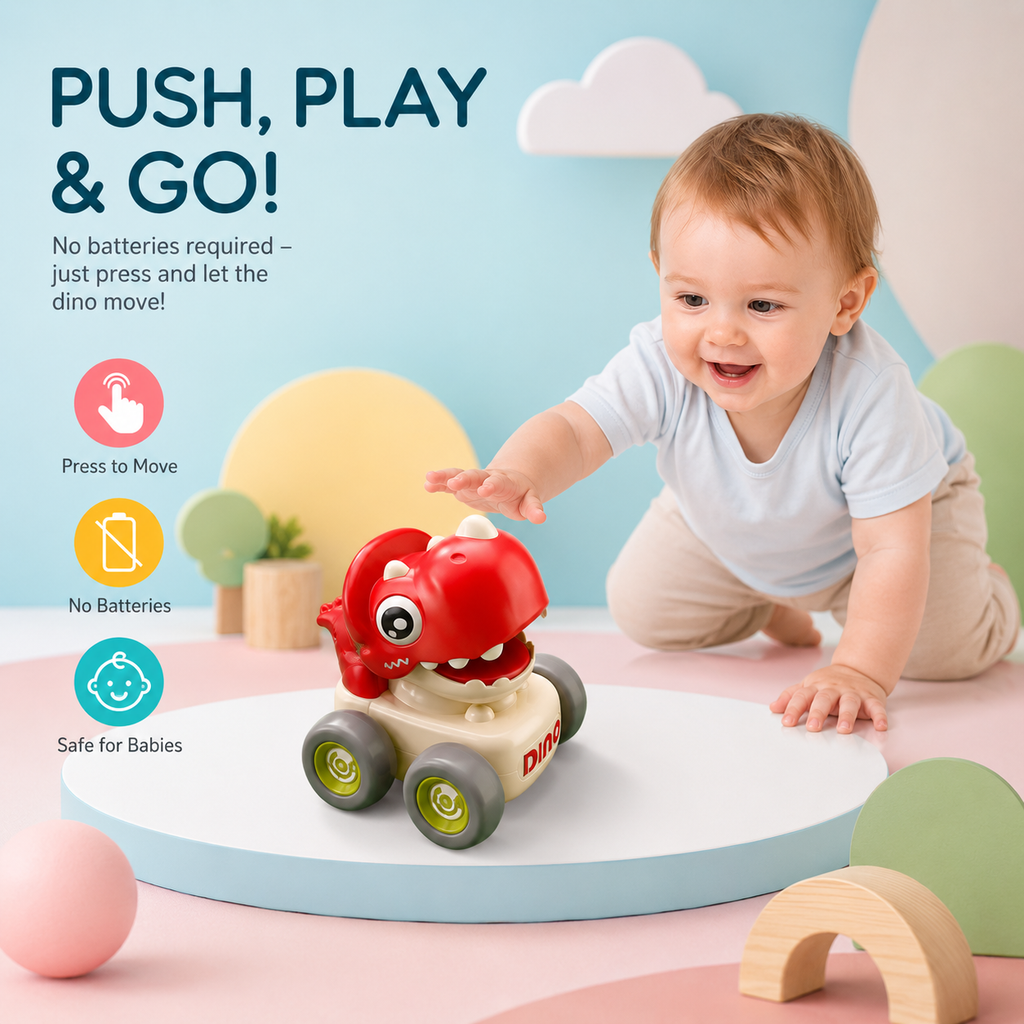 RRR Collection Dinosaur Press & Go Toy Car for Toddlers 1-3 Years | Baby Dino Friction Powered Whistle Car | Educational Push Toy for Boys & Girls