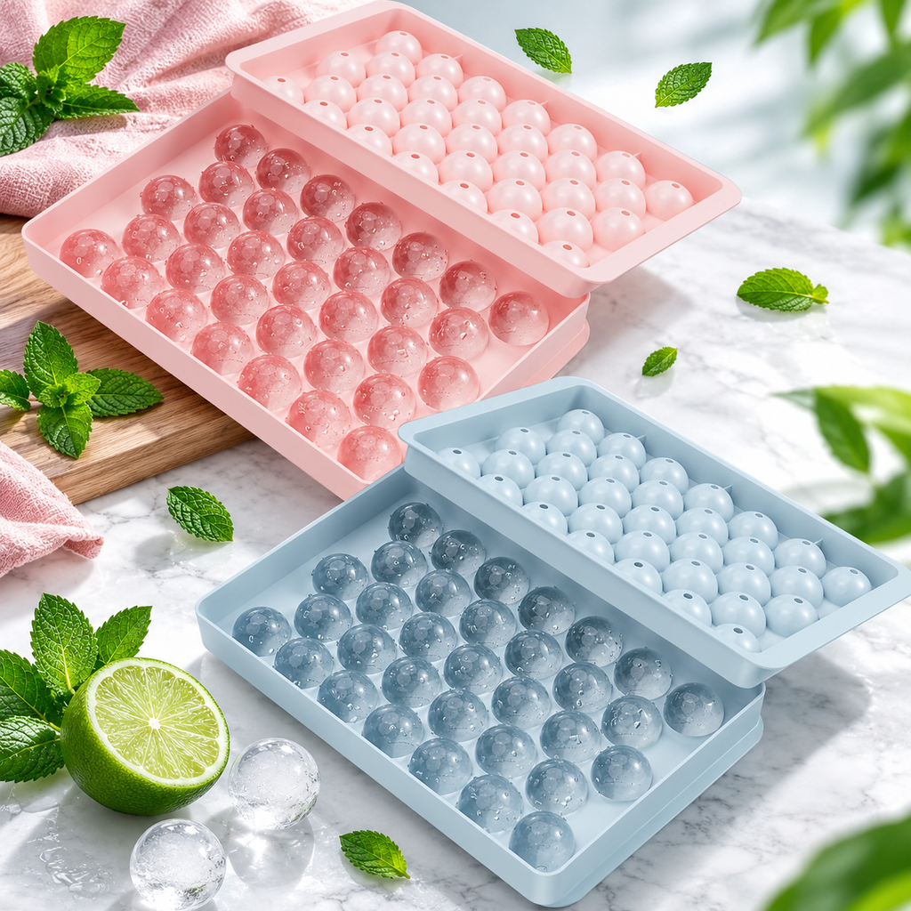33 Cavity Round Ice Cube Trays with Lids – Pack of 2 | Ice Moulds for Freezer, Drinks, Cocktails & Cold Beverages