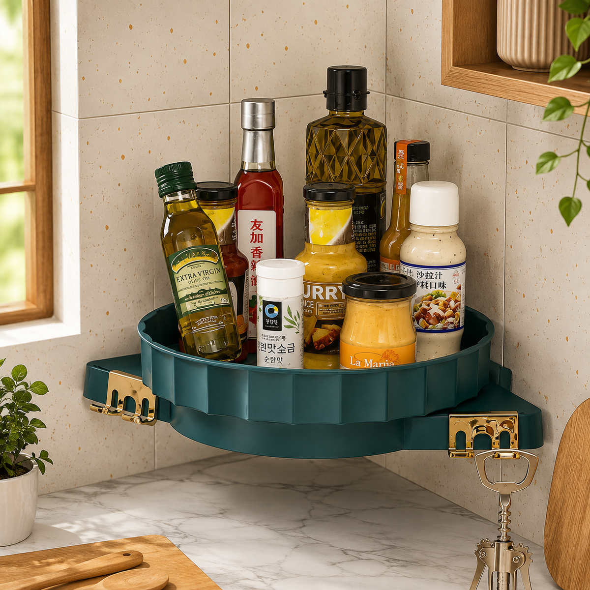 360 Degree Rotating Bathroom & Kitchen Corner Shelf | Plastic Multipurpose Wall Mount Storage Rack