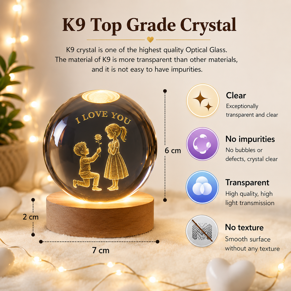 3D I Love You crystal ball night lamp with romantic couple design, colorful LED light and 2.4 inch wooden base. Ideal for home decoration and gifting.