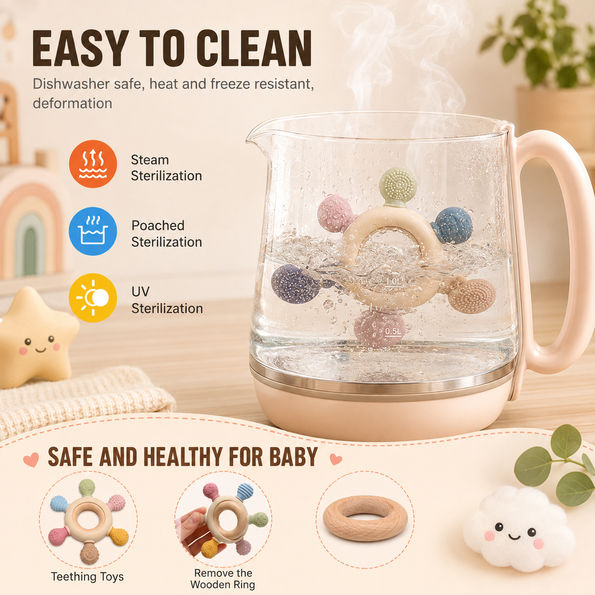 Silicone & Wooden Baby Teether Ring for Infants, Soft Textured Teething Toy