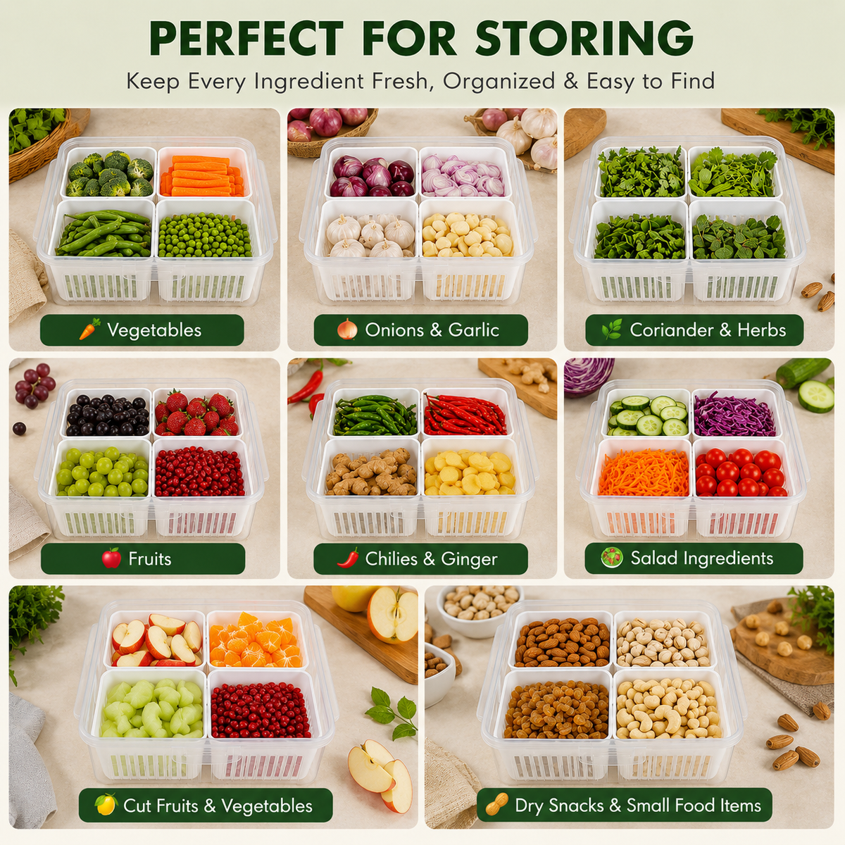 Fridge Storage Box with Lid & 4 Compartments | Refrigerator Organizer Basket for Fruits, Vegetables, Onion, Garlic & Herbs