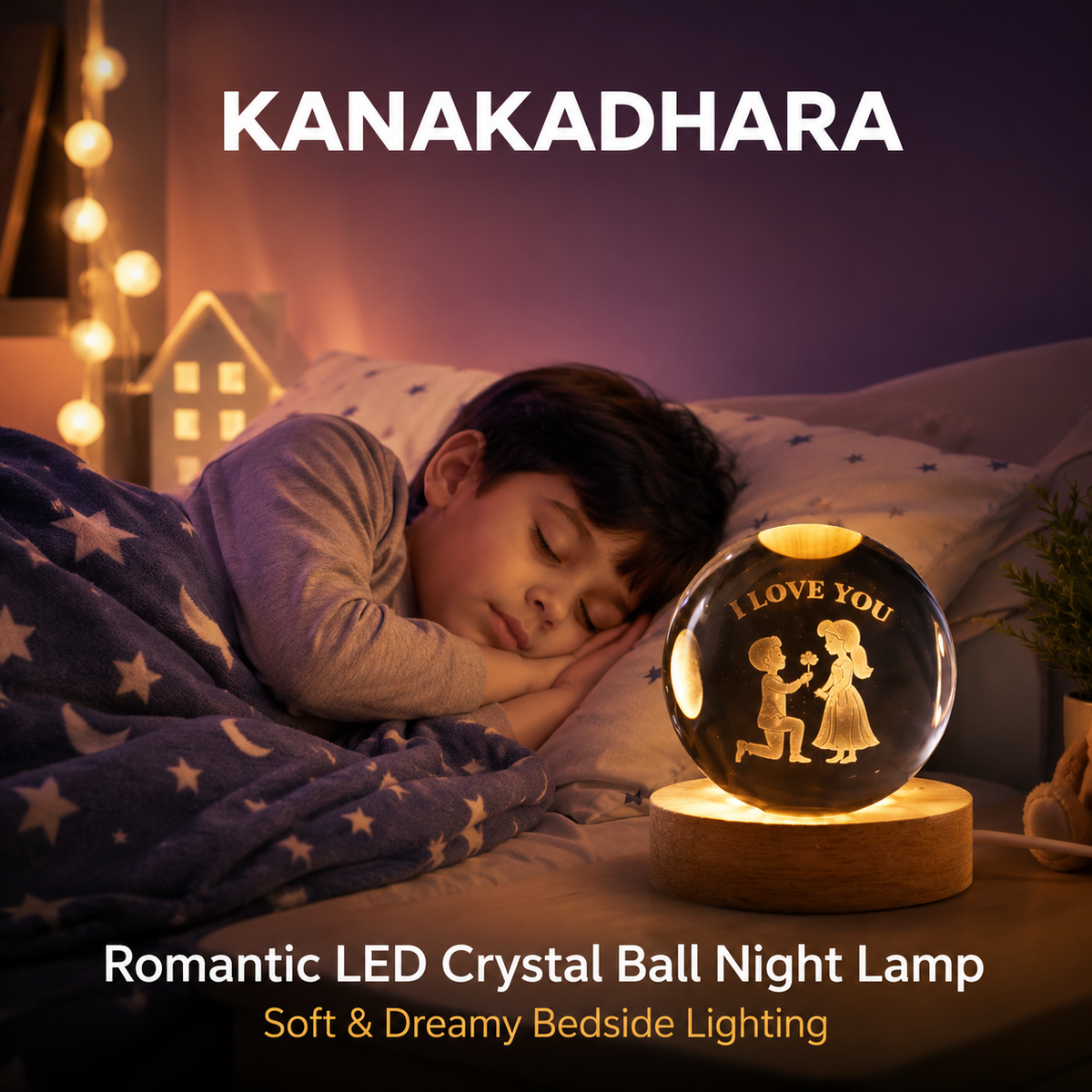 3D I Love You crystal ball night lamp with romantic couple design, colorful LED light and 2.4 inch wooden base. Ideal for home decoration and gifting.