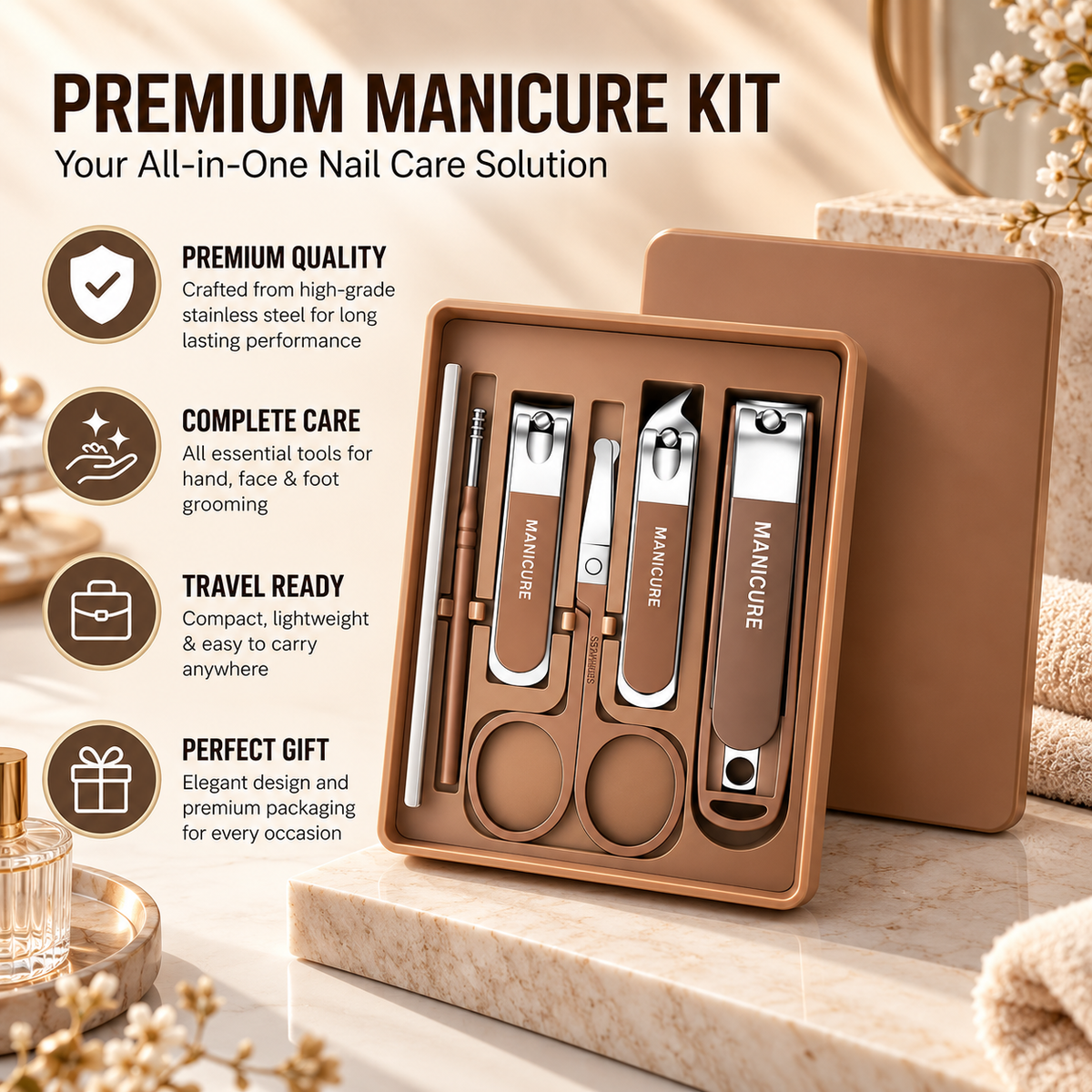 6-in-1 Manicure Set Nail Clipper Kit with Travel Case | Stainless Steel Nail Clippers, Cuticle Grooming Tools, Scissors & Tweezers for Men and Women
