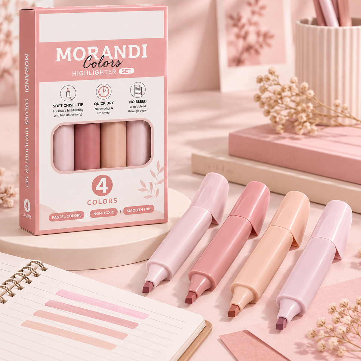 4 Pcs Morandi Pastel Highlighter Set | Soft Chisel Tip Quick-Dry No-Bleed Mildliner Markers for Journaling, Notes, School, Office & Planner