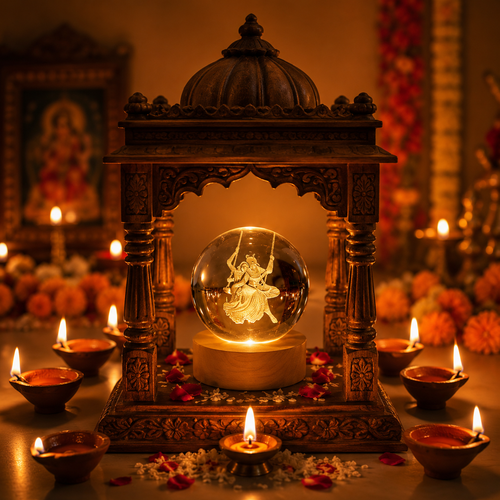 3D Radha Krishna Swing Crystal Ball LED Night Lamp with Wooden Base | Spiritual Engraved Decorative Light for Home Mandir
