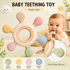 Silicone & Wooden Baby Teether Ring for Infants, Soft Textured Teething Toy