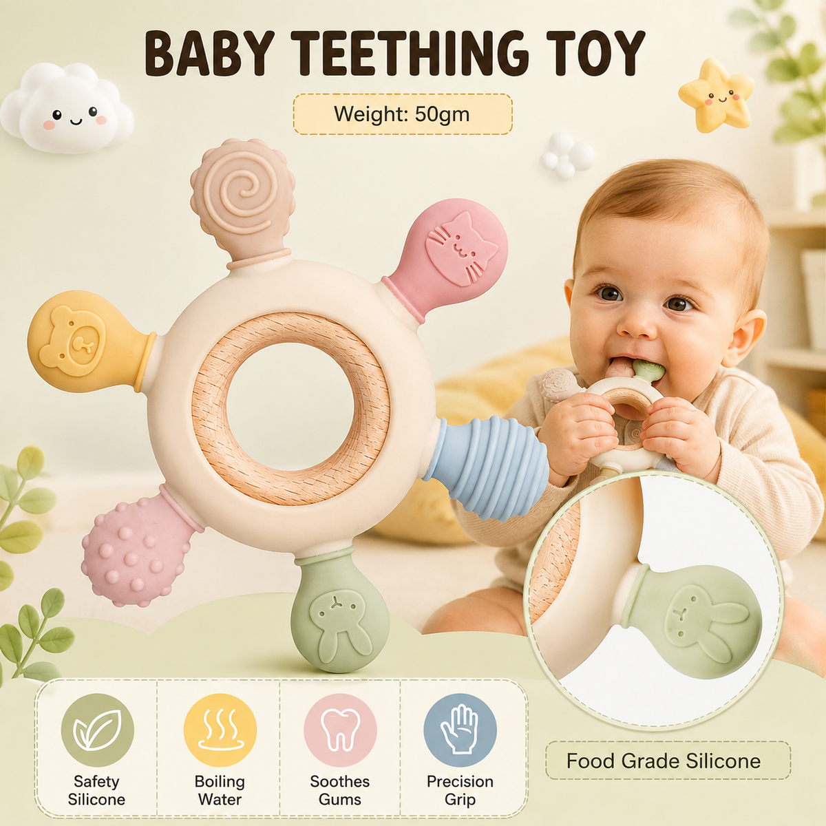 Silicone & Wooden Baby Teether Ring for Infants, Soft Textured Teething Toy