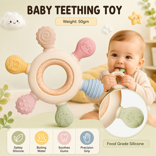 Silicone & Wooden Baby Teether Ring for Infants, Soft Textured Teething Toy