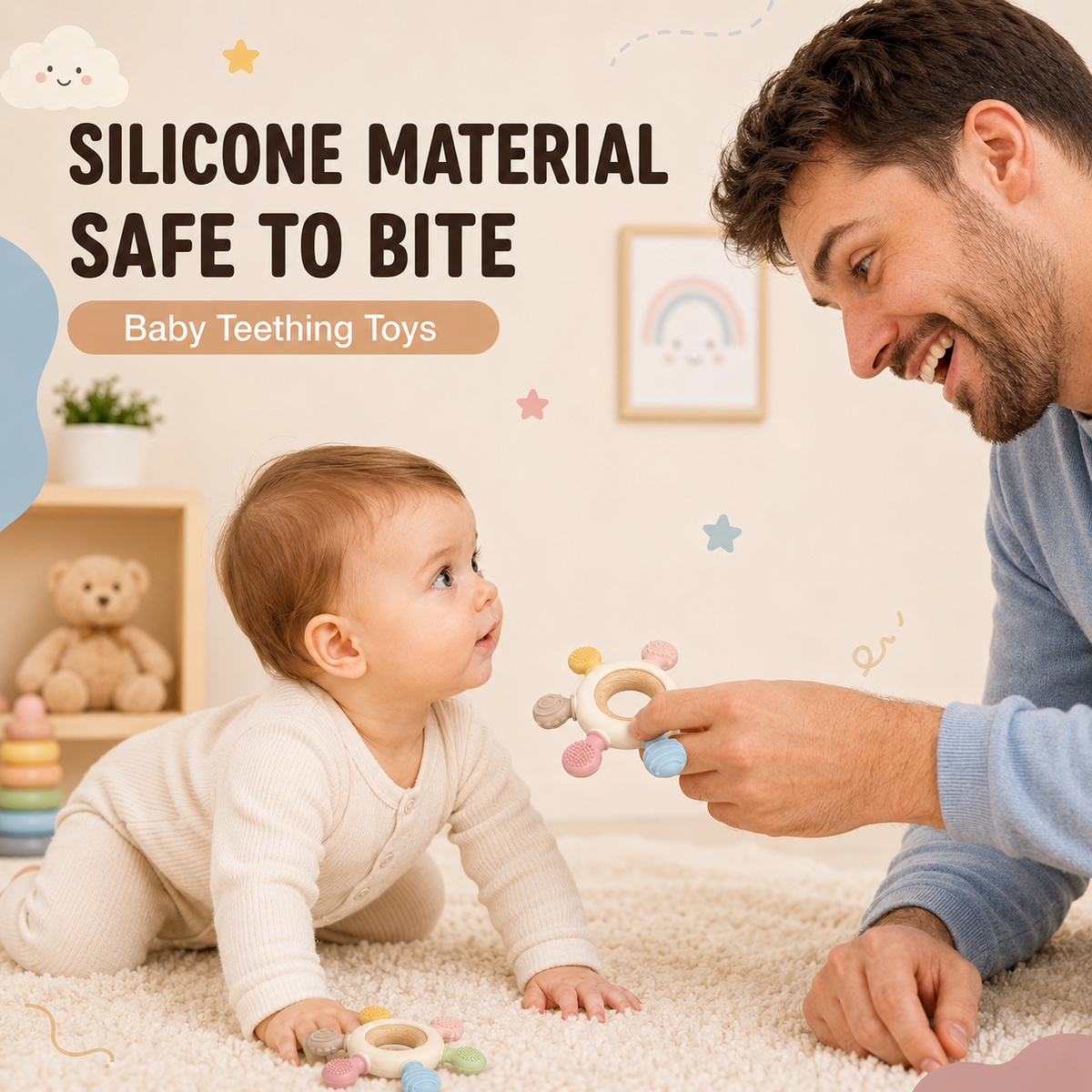Silicone & Wooden Baby Teether Ring for Infants, Soft Textured Teething Toy