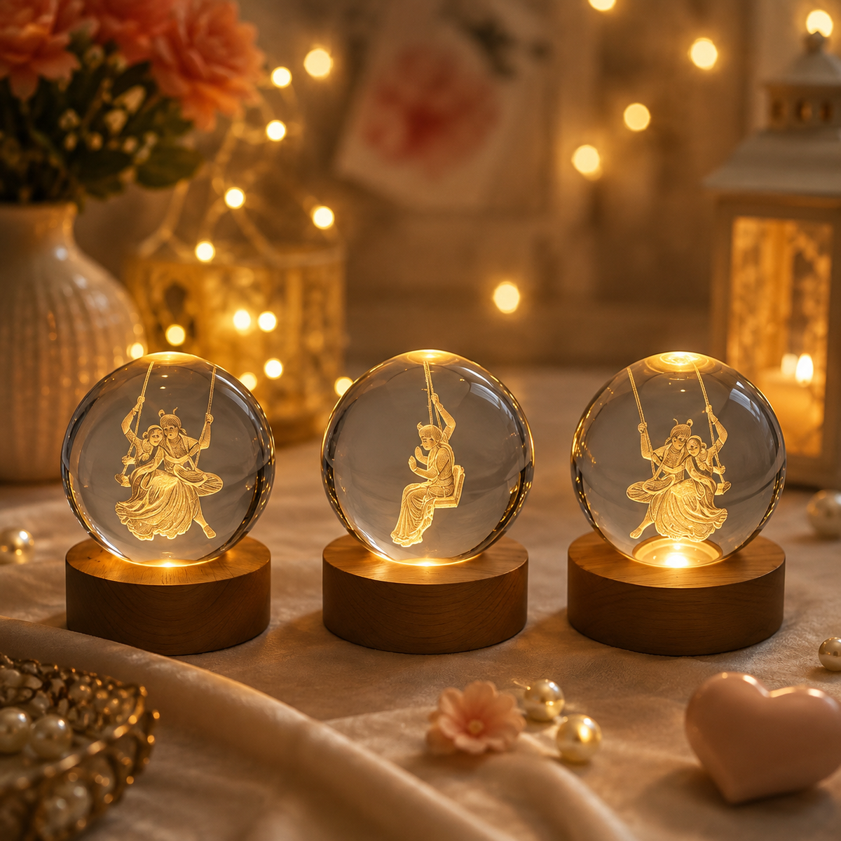 3D Radha Krishna Swing Crystal Ball LED Night Lamp with Wooden Base | Spiritual Engraved Decorative Light for Home Mandir