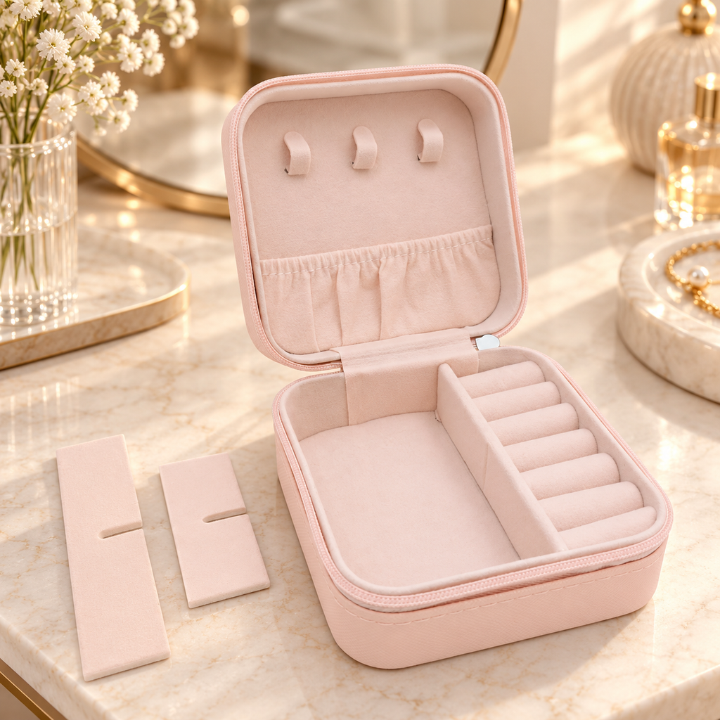Faux Leather Mini Jewellery Travel Case | Portable Jewelry Organizer Box for Rings, Earrings, Necklaces & Accessories – Pink