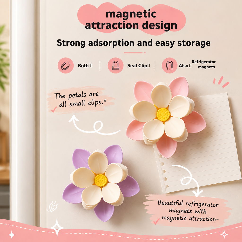 Flower Shaped Magnetic Food Clips for Fridge | Detachable Petal Snack Bag Clips for Chips, Cheese, Meat, Fruits & Vegetables
