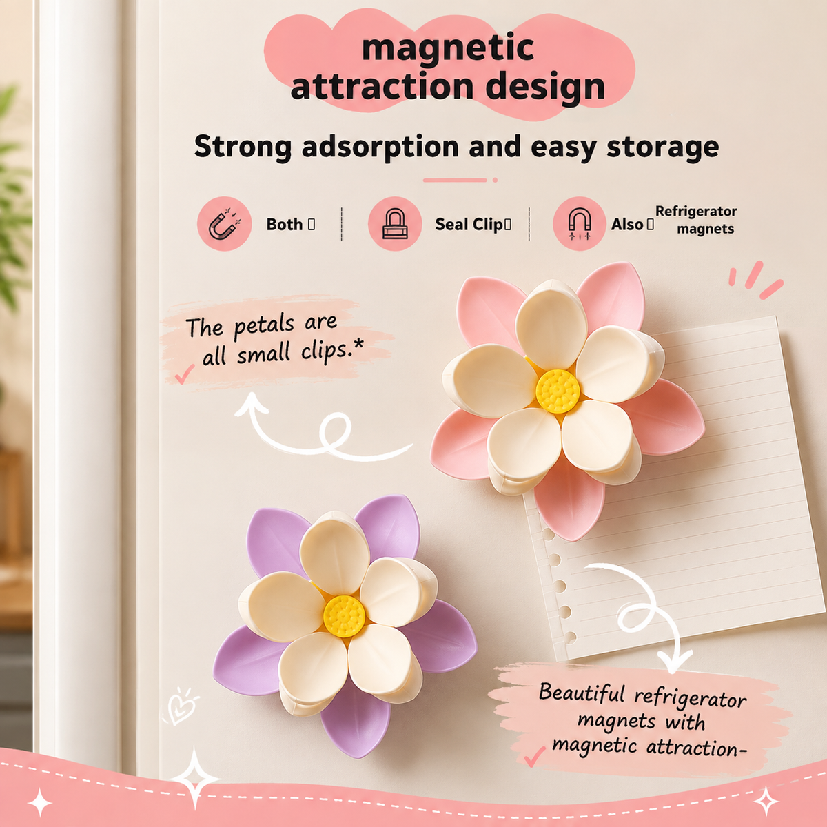 Flower Shaped Magnetic Food Clips for Fridge | Detachable Petal Snack Bag Clips for Chips, Cheese, Meat, Fruits & Vegetables