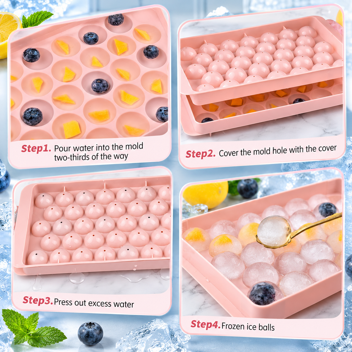 33 Cavity Round Ice Cube Trays with Lids – Pack of 2 | Ice Moulds for Freezer, Drinks, Cocktails & Cold Beverages