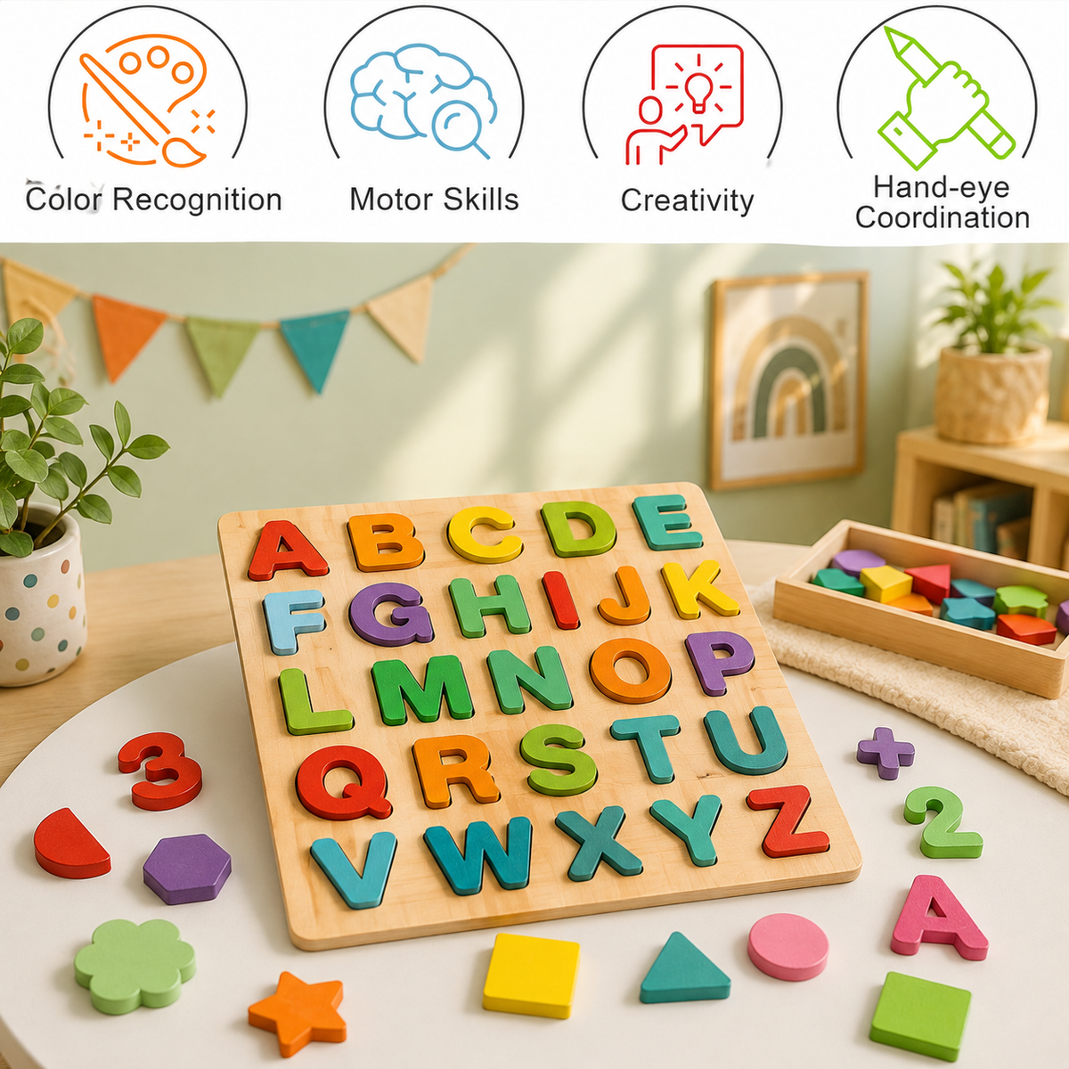 Wooden ABCD Learning Educational Board for Kids | Alphabet, Numbers & Shapes Puzzle Set for Toddlers & Preschoolers
