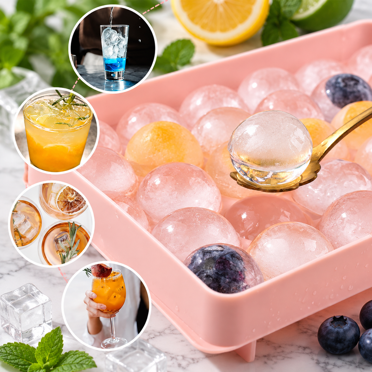 33 Cavity Round Ice Cube Trays with Lids – Pack of 2 | Ice Moulds for Freezer, Drinks, Cocktails & Cold Beverages