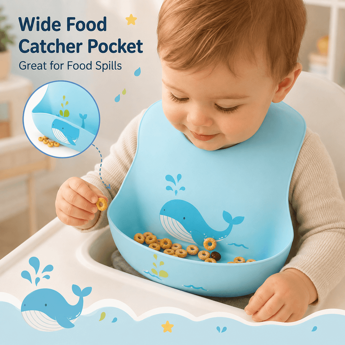 Silicone Bib for Baby Food Feeding | BPA Free Adjustable Waterproof Bib with Built-in Food Pocket for Babies 6 to 36 Months