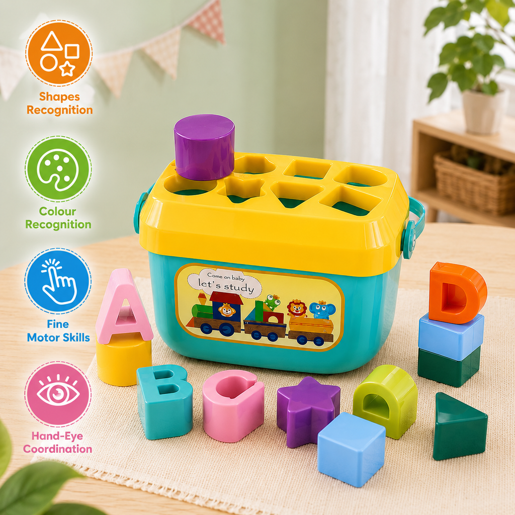 16 Pcs ABCD Learning Blocks & Shape Sorter Toy for Babies & Toddlers | Educational Shape Sorting Blocks