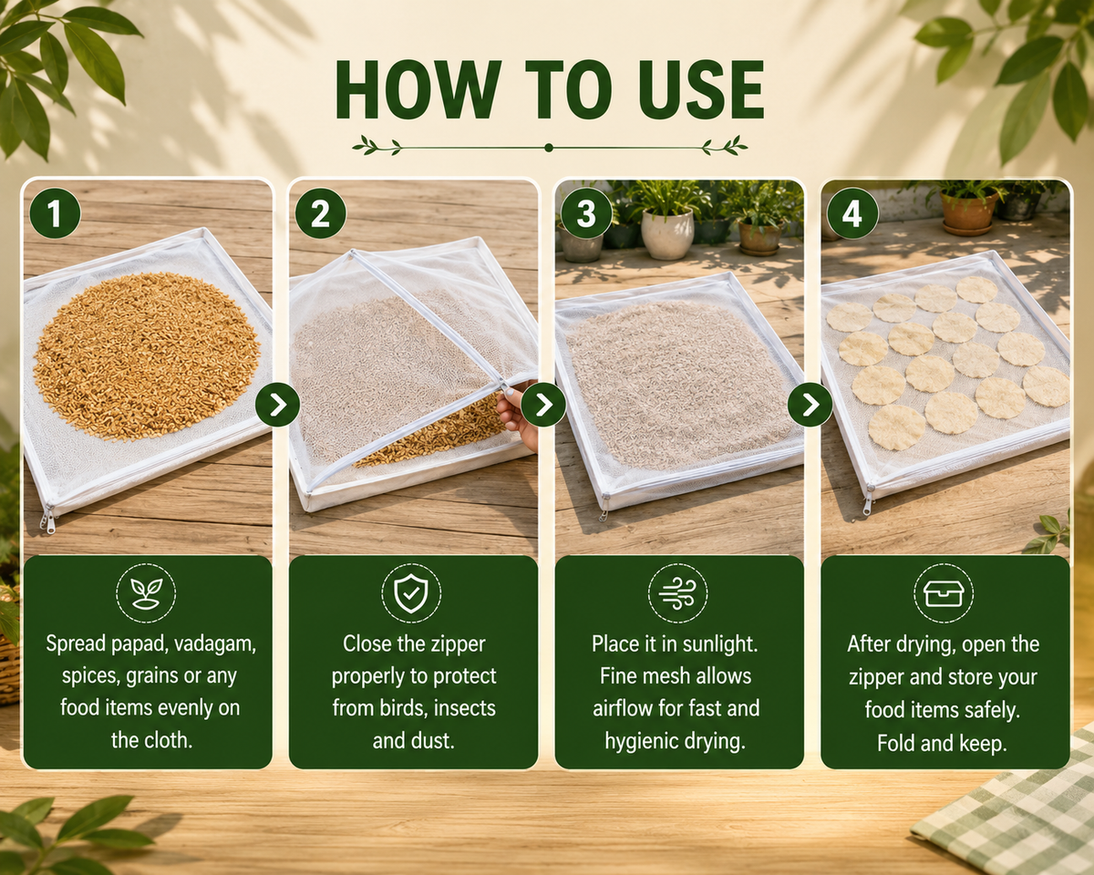 Papad Drying Mesh Net with Zip Cover, 28 x 38 Inch Reusable Food Drying Mat for Papad, Chilli, Fryums, Herbs, Spices, Grains & Dry Fruits