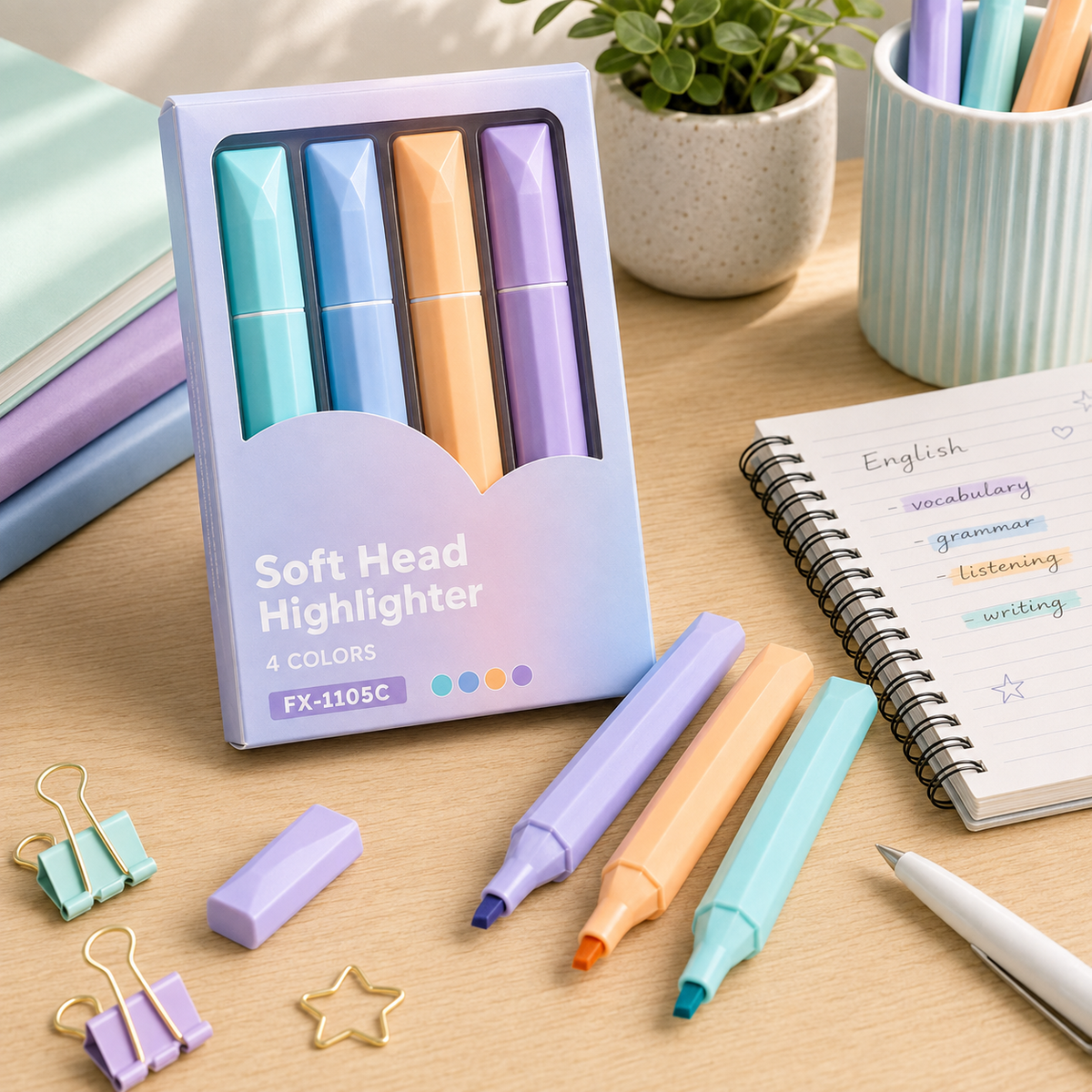4 PCS Pastel Highlighter Set, Soft Head Chisel Tip Highlighter Pens for School, College, Office, Journaling, Notes & Planner