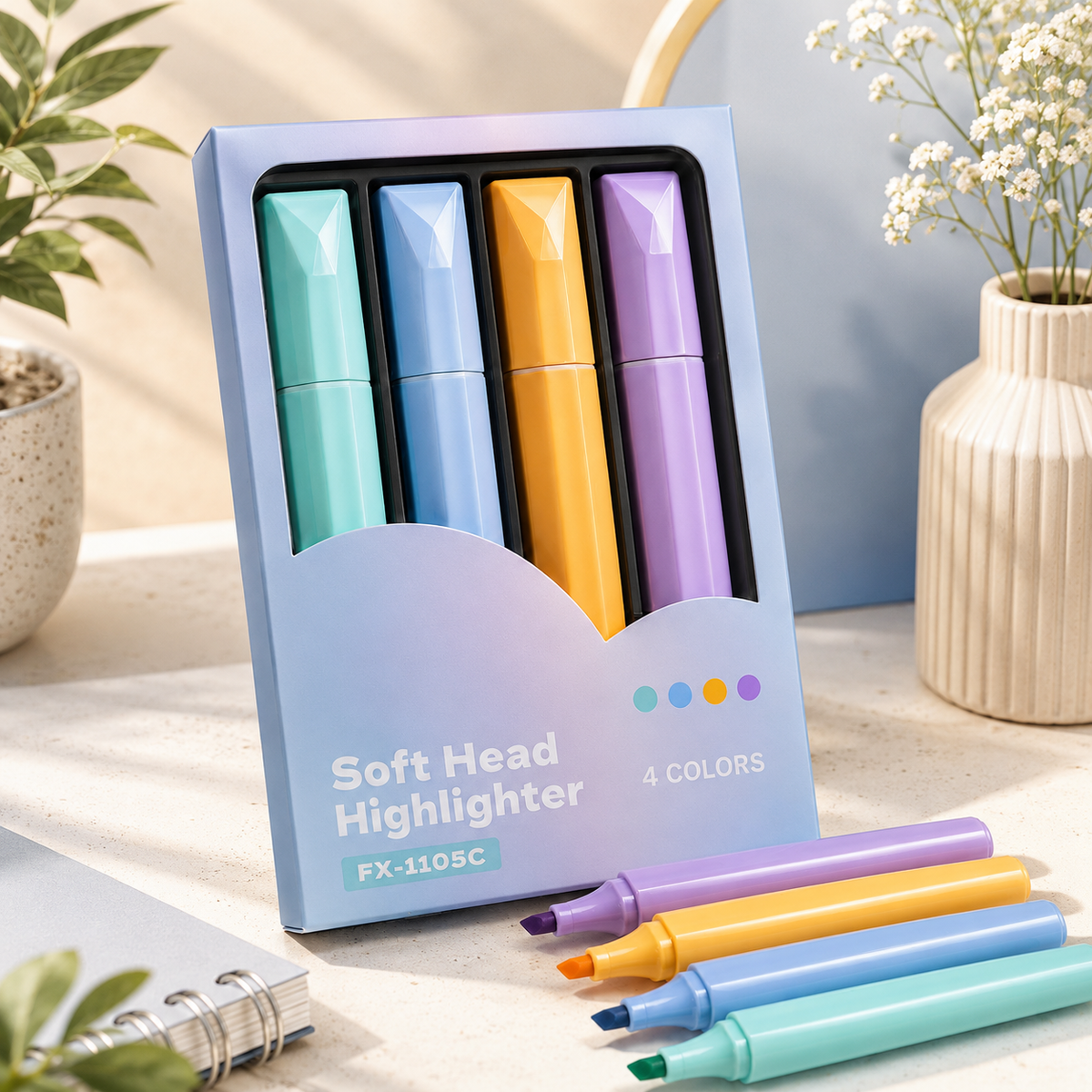 4 PCS Pastel Highlighter Set, Soft Head Chisel Tip Highlighter Pens for School, College, Office, Journaling, Notes & Planner