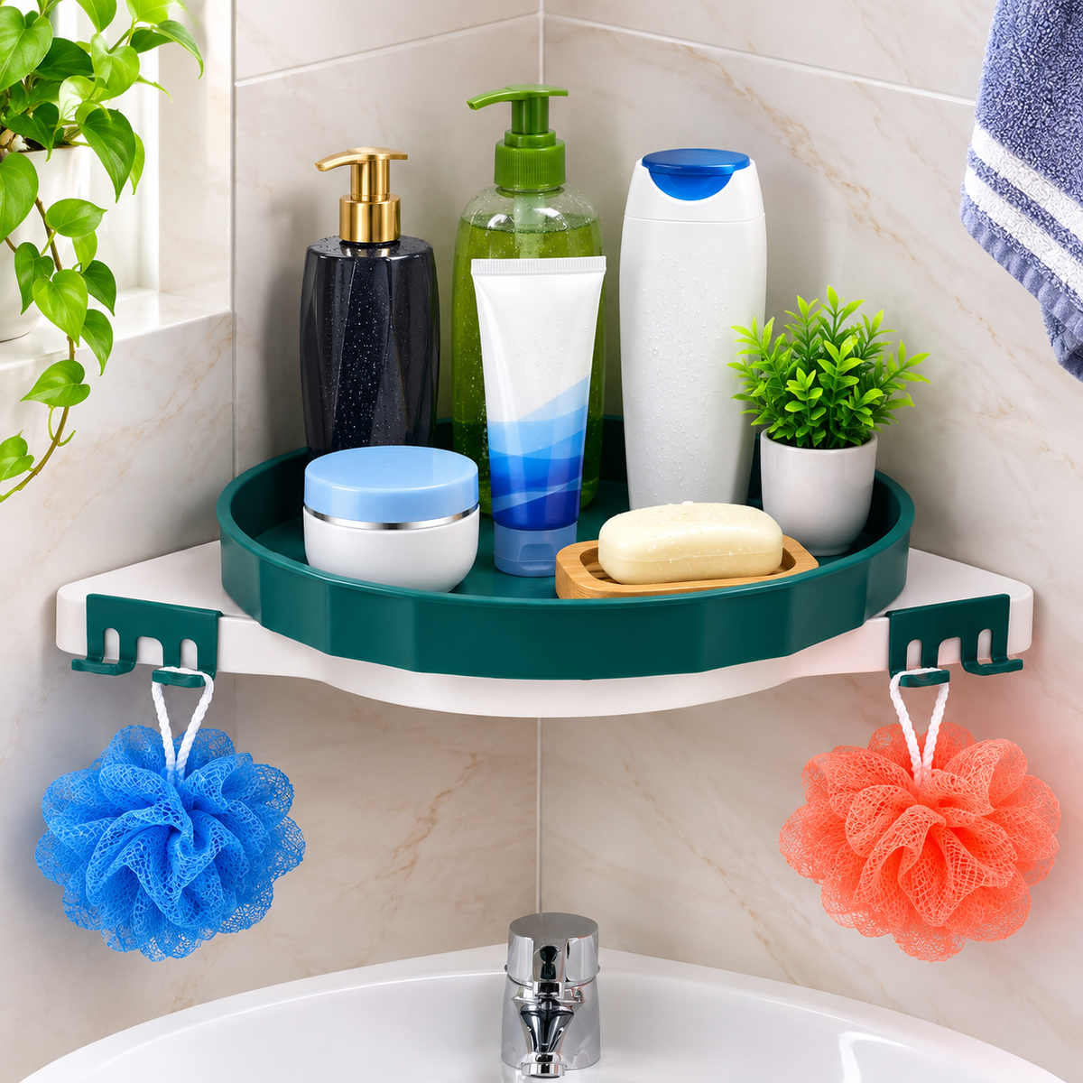 360 Degree Rotating Bathroom & Kitchen Corner Shelf | Plastic Multipurpose Wall Mount Storage Rack