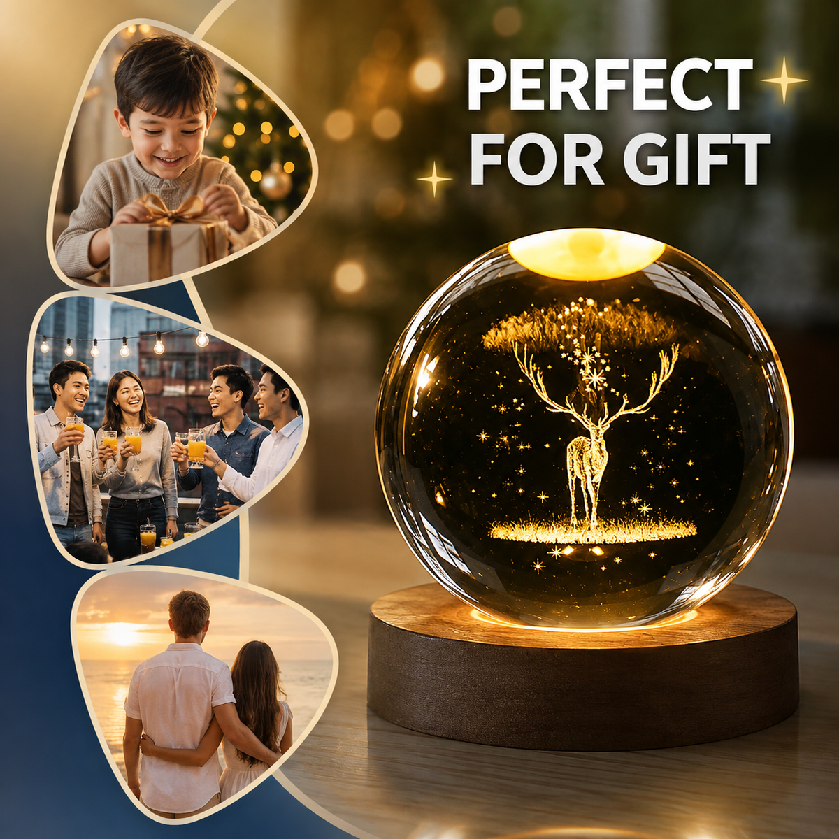 3D Galaxy Deer Crystal Ball Night Light with Engraved LED Glass Ball & Wooden Base | USB Decorative Table Lamp