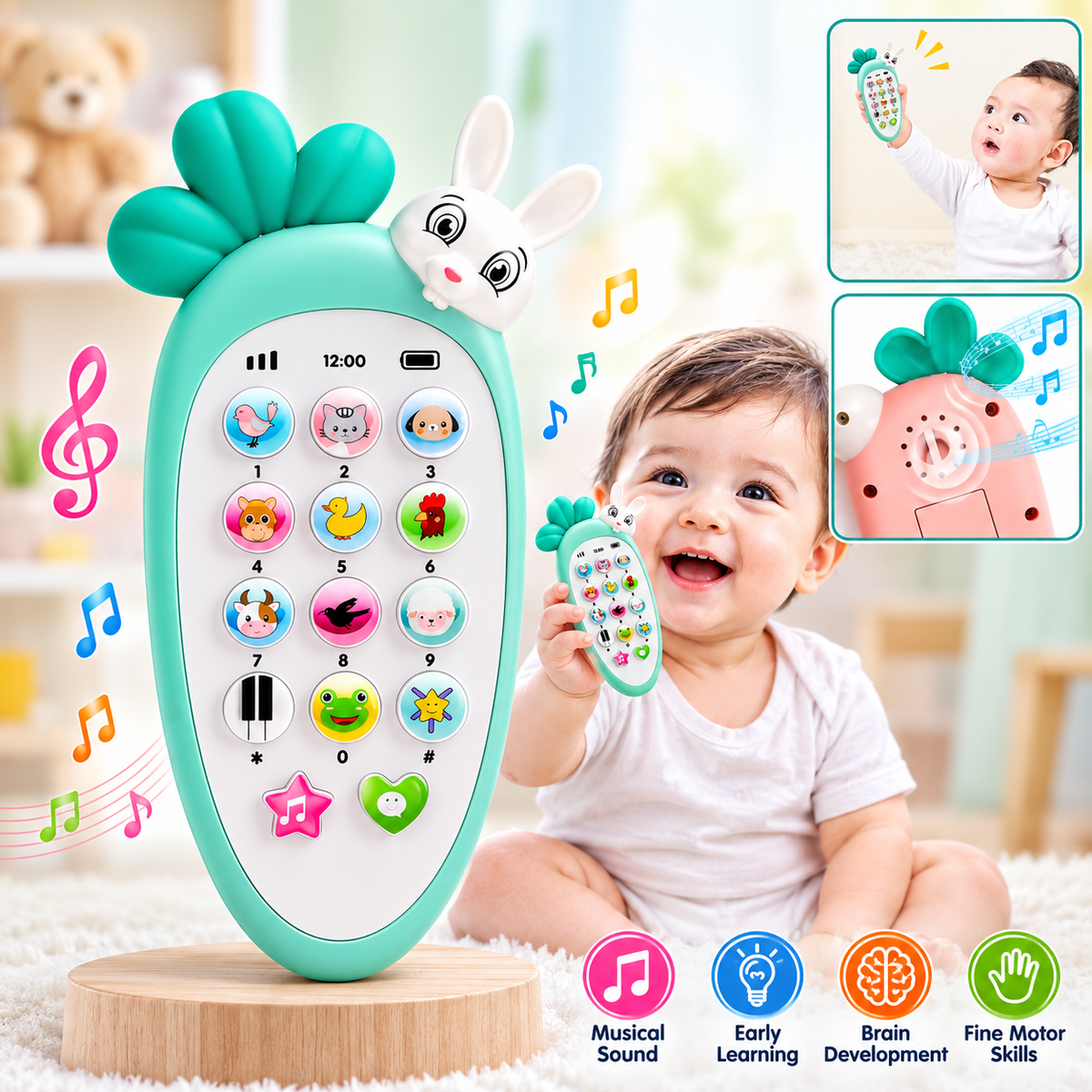 Educational Toy Phone for Kids | Interactive Musical Mobile Phone with Lights & Sounds | Rabbit Design Learning & Pretend Play Toy for Toddlers