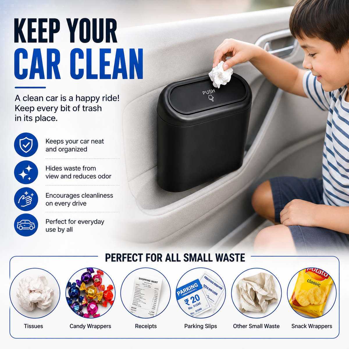 Mini Car Dustbin with Push Lid | Hanging Black Car Trash Bin for Cars, Home & Office
