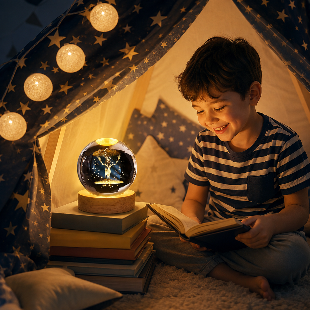 3D Galaxy Deer Crystal Ball Night Light with Engraved LED Glass Ball & Wooden Base | USB Decorative Table Lamp