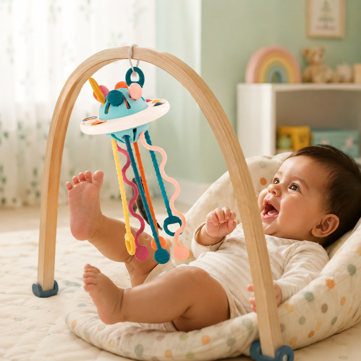 Interactive UFO Silicone Pull String Learning Toy for Kids | Baby Sensory Travel & Teething Toy for 6–18 Months