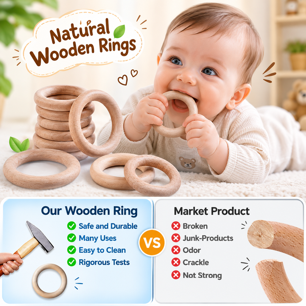 Silicone & Wooden Baby Teether Ring for Infants, Soft Textured Teething Toy