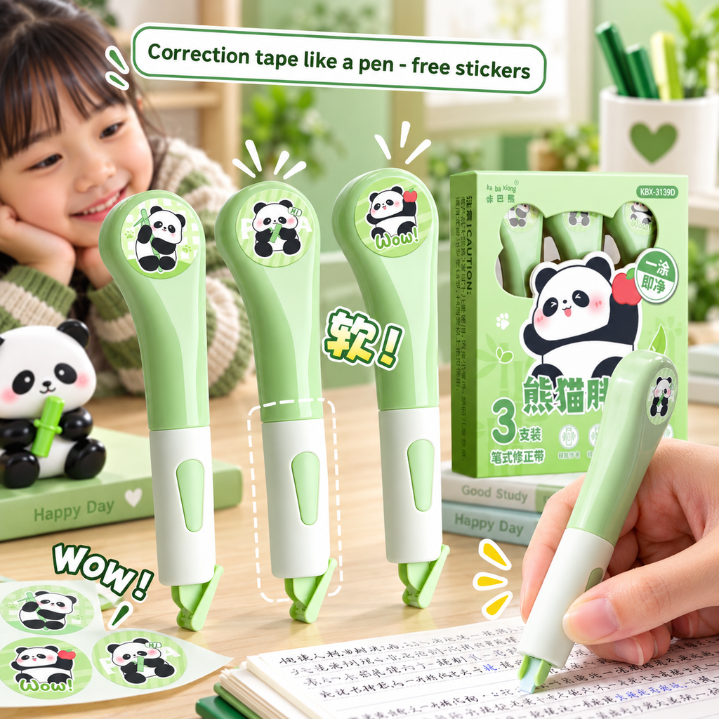 Panda Correction Tape Set of 3 | Quick-Dry White-Out Correction Tape Rollers for Students, Kids, School & Office | No-Mess Paper Correction with Precision Tip