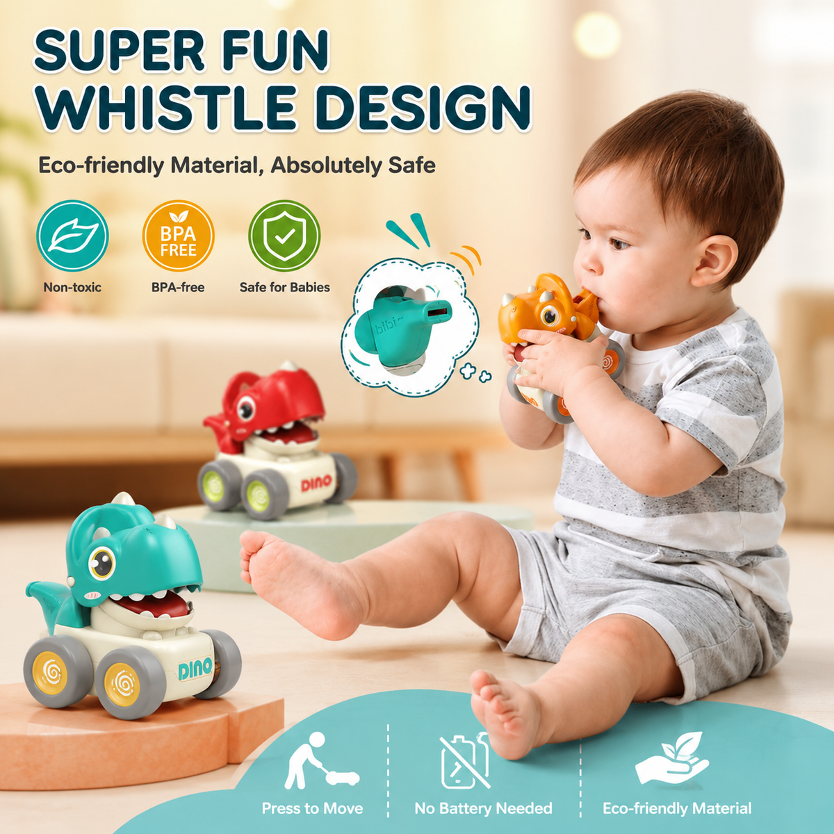 RRR Collection Dinosaur Press & Go Toy Car for Toddlers 1-3 Years | Baby Dino Friction Powered Whistle Car | Educational Push Toy for Boys & Girls