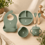 Silicone Baby Feeding Set Green – 6 Pcs | Plate, Bowl, Spoon, Fork, Bib & Cup | Food-Grade Silicone Tableware for Babies & Toddlers