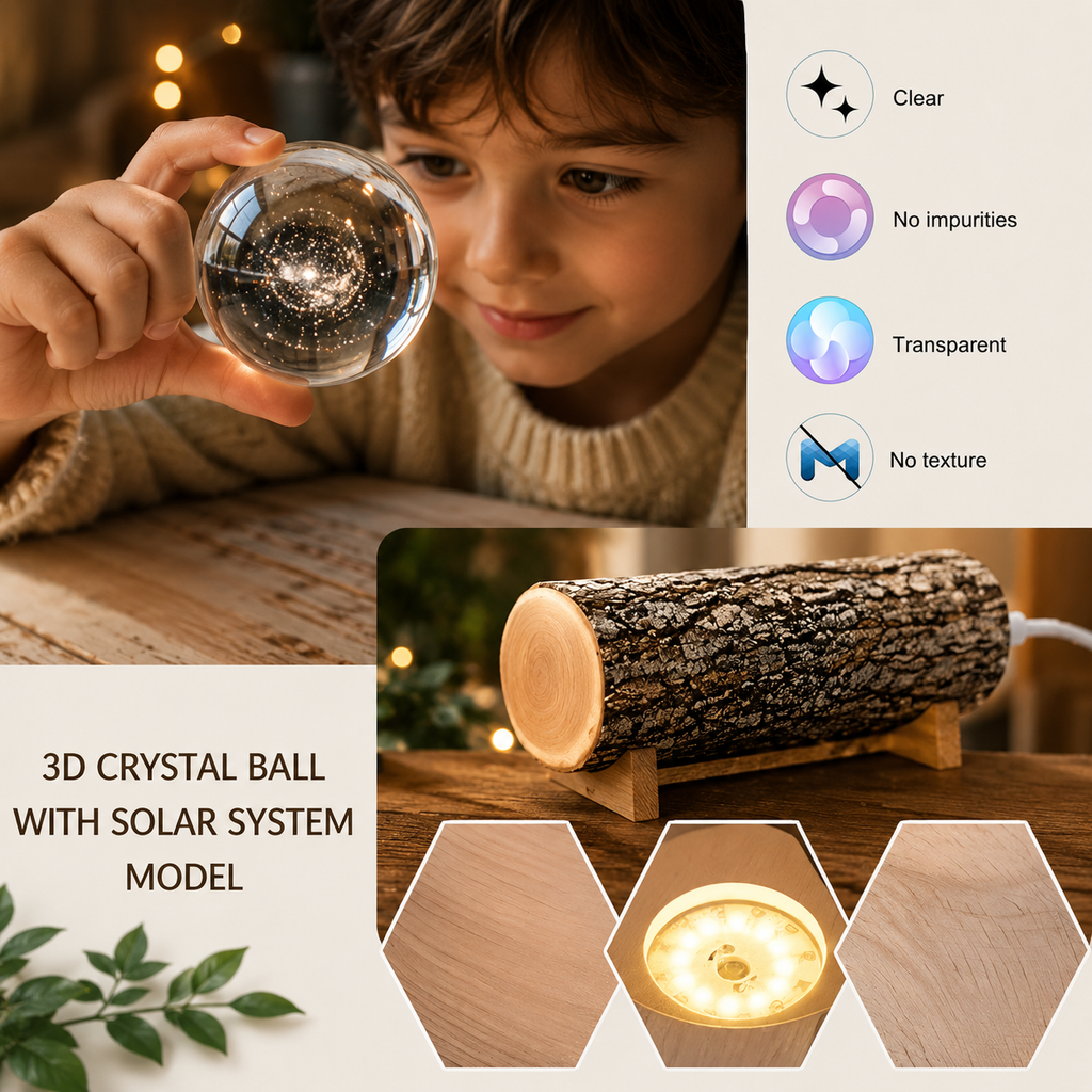 3D Universe Crystal Ball Night Light USB Table LED Lamp with Wooden Base | Warm White Decorative Light for Home, Office & Kids