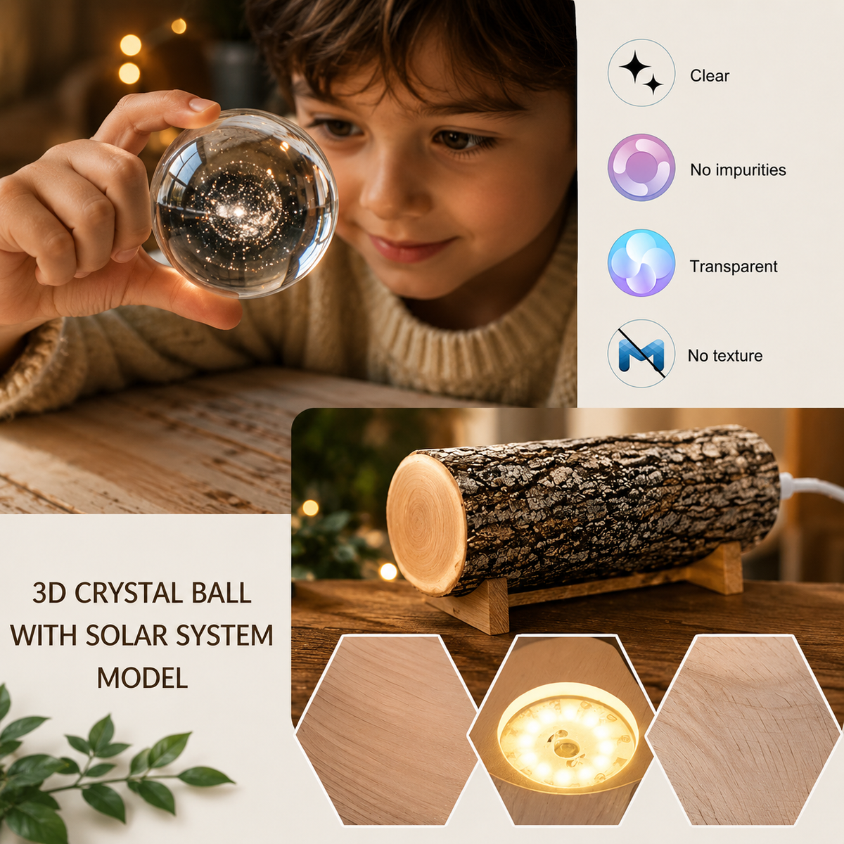 3D Universe Crystal Ball Night Light USB Table LED Lamp with Wooden Base | Warm White Decorative Light for Home, Office & Kids