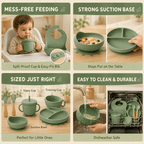 Silicone Baby Feeding Set Green – 6 Pcs | Plate, Bowl, Spoon, Fork, Bib & Cup | Food-Grade Silicone Tableware for Babies & Toddlers