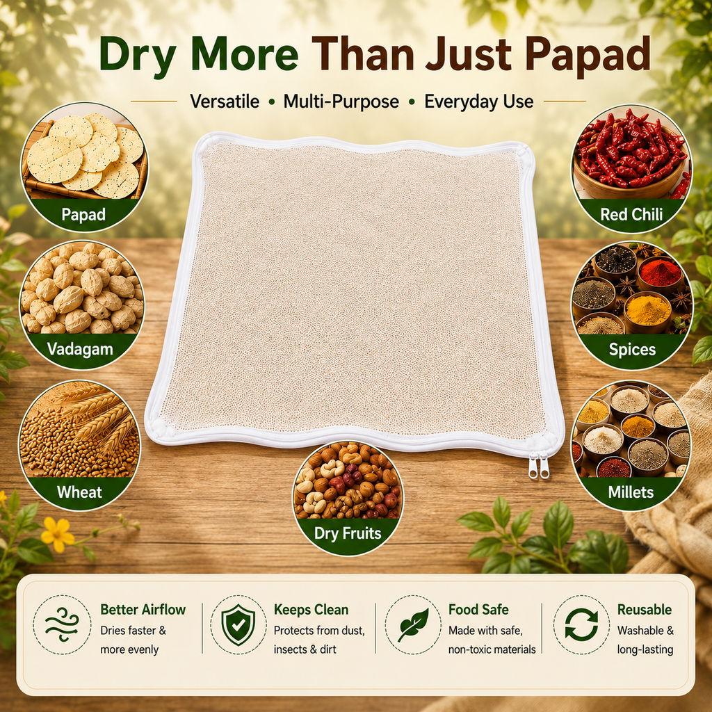 Papad Drying Cloth with Net Zip Cover, 56 x 48 Inch Reusable Food Drying Cloth for Papad, Millets, Fryums, Grains & Dry Fruits